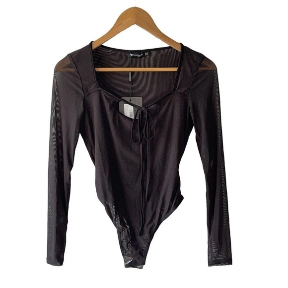 PrettyLittleThing Tops - Pretty Little Thing Size 6 Black Sheer Tie Front Bodysuit - New